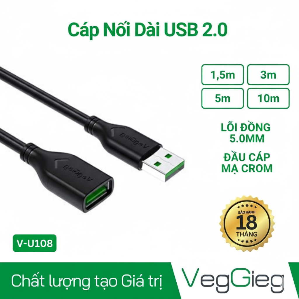 Cáp nối dài USB 2.0 Dài 10m V-U108 VegGieg